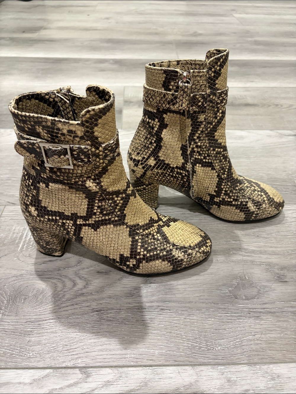 Newbark Snake-Print Ankle Boots in Beige and Brown